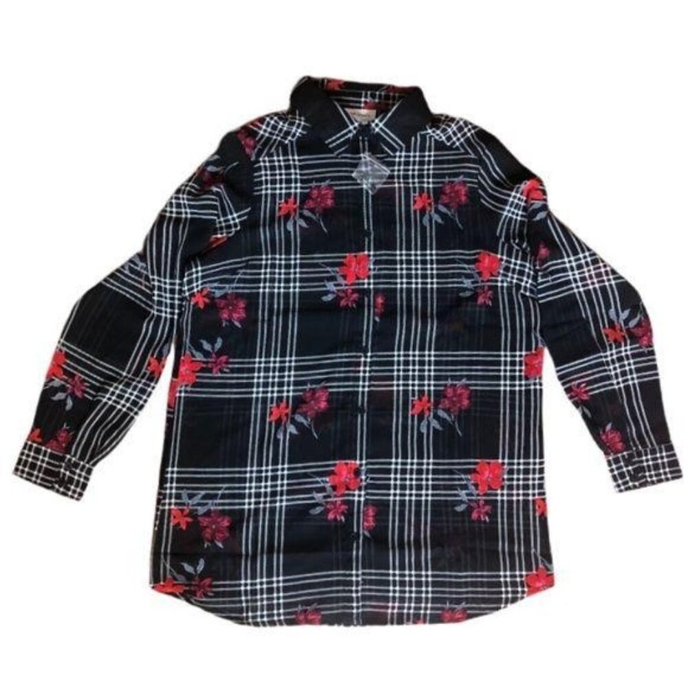 CW Classics Sheer Button Down Top Floral Black Medium White Red Flowers